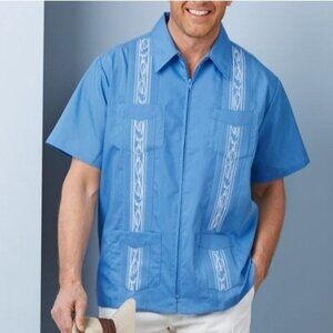Vintage 90s Teal Blue Haband Men’s Zip Front Guayabera Shirt